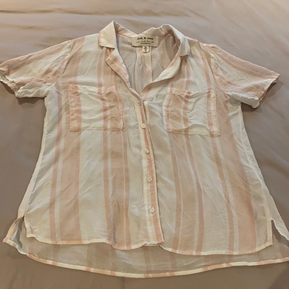 Cloth & Stone Gauze Pink and White Short Sleeve Button Down Blouse